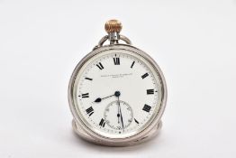 AN EARLY 20TH CENTURY, SILVER OPEN FACE POCKET WATCH, white dial signed 'Manoah Rhode & Sons Ltd,