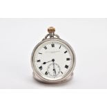 AN EARLY 20TH CENTURY, SILVER OPEN FACE POCKET WATCH, white dial signed 'Manoah Rhode & Sons Ltd,