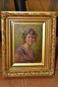 V. TESSARI?, A PORTRAIT OF A FEMALE FIGURE WEARING A PURPLE DRESS, circa 1920's/1930's, signed