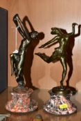 TWO REPRODUCTION BRONZED ART DECO STYLE METAL FIGURES OF LADIES, both in dancing poses, one