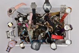 A BOX CONTAINING A LARGE COLLECTION OF WRISTWATCHES, notable names include Lorus, Sekonda and