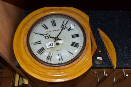 A ROSE & DICKENSON WOODEN CASED WALL CLOCK with pendulum and key, Roman numerals to the painted