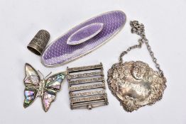 A BAG OF ASSORTED SILVER ITEMS, to include a silver and purple guilloche enamelled buffing mount,