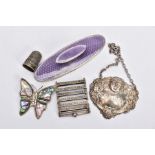 A BAG OF ASSORTED SILVER ITEMS, to include a silver and purple guilloche enamelled buffing mount,