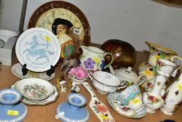A GROUP OF CERAMICS, including Falcon ware Cavalier cabinet plate, two Royal Doulton Zodiac