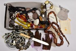 A BOX OF ASSORTED ITEMS, to include various beaded and resin necklaces, an imitation pearl necklace,