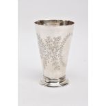 A LATE VICTORIAN SILVER TAPERING WINE BEAKER, foliate engraving with a vacant oval shape,