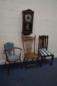 AN EARLY 20TH CENTURY OAK WALL CLOCK (winding key and pendulum), height 77cm together with an