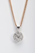 A LATE 20TH CENTURY ROUND DIAMOND CLUSTER PENDANT AND CHAIN, centring on a modern round brilliant