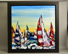 MAYA EVENTO (RUSSIA 1964) 'THE SETTING SUN' brightly coloured yachts under sail, signed lower