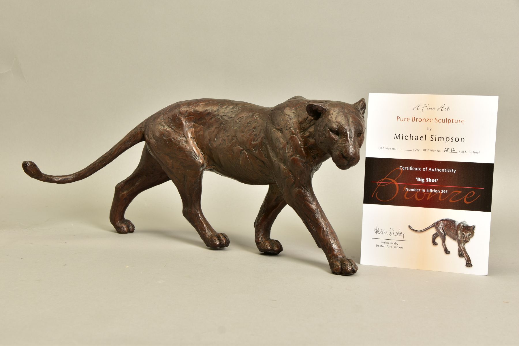 MICHAEL SIMPSON (BRITISH CONTEMPORARY) 'BIG SHOT' an artist proof bronze sculpture of a Lioness 12/