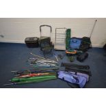A LARGE QUANTITY OF FISHING EQUIPMENT, to include two trolleys, one crate, five various fishing