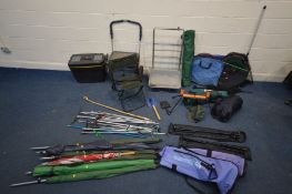 A LARGE QUANTITY OF FISHING EQUIPMENT, to include two trolleys, one crate, five various fishing