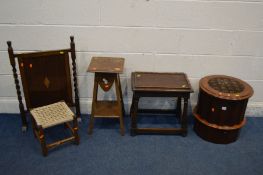 A VICTORIAN MAHOGANY CYLINDRICAL STEP COMMODE, an oak rectangular occasional table with a glass top,