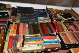 FIVE BOXES OF BOOKS AND LOOSE, mostly being hard back including leather bound bibles, novels,