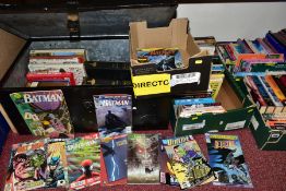 FOUR BOXES AND A METAL TRUNK OF BOOKS AND COMICS, Batman comics, novels, gardening interest, cookery