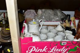 TWO BOXES OF CERAMICS, DOLLS AND LOOSE, including POLISH CHODZIEZ coffee service, Zenith 10x50 field