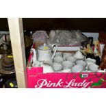 TWO BOXES OF CERAMICS, DOLLS AND LOOSE, including POLISH CHODZIEZ coffee service, Zenith 10x50 field