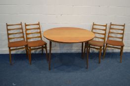 A TEAK CIRCULAR DROP LEAF TABLE, on outsplayed legs and four chairs (5)
