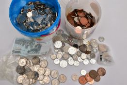 TWO PLASTIC TUBS OF MAINLY UK COINAGE OF 20TH CENTURY DECIMAL to include approximately five pounds