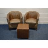 A PAIR OF BROWN LEATHER HALO LIVING TUB CHAIRS together with a cube pouffe (leather worn) (3) (