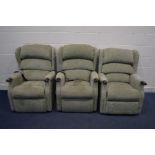 TWO CELEBRITY ELECTRIC GREEN UPHOLSTERED RISE AND RECLINE ARMCHAIRS, (PAT pass and working) and a