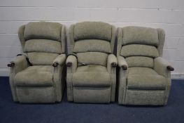 TWO CELEBRITY ELECTRIC GREEN UPHOLSTERED RISE AND RECLINE ARMCHAIRS, (PAT pass and working) and a