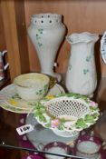 A SMALL GROUP OF BELLEEK PORCELAIN, comprising a three strand circular shaped basket, with ornate
