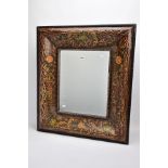 A LATE 20TH CENTURY BEVELLED LARGE GLASS MIRROR, the wooden frame hand painted decoration, depicting