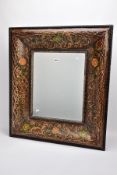 A LATE 20TH CENTURY BEVELLED LARGE GLASS MIRROR, the wooden frame hand painted decoration, depicting