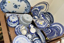 TWO BOXES OF BLUE AND WHITE CERAMICS, including Booths Real Old Willow flow blue plates, serving