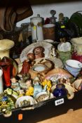 TWO BOXES OF ASSORTED CERAMICS AND GLASSWARE, including figures, ornaments, vases (glass vases,