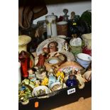 TWO BOXES OF ASSORTED CERAMICS AND GLASSWARE, including figures, ornaments, vases (glass vases,