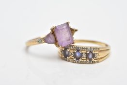 A 9CT GOLD GEM SET RING AND A YELLOW METAL RING, the first designed as three oval cut iolites
