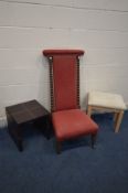 AN OAK BOBBIN TURNED PRAYER CHAIR, along with a modern beech stool and occasional table (3)