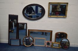 TWELVE VARIOUS MIRRORS of different shapes and styles to include an ornate gilt on plaster open