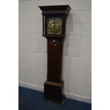A GEORGIAN OAK 30 HOUR LONGCASE CLOCK, the square hood with fluted columns flanking a square glass