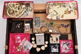 A BOX OF COSTUME JEWELLERY, to include a small bag of yellow metal jewellery to include a yellow