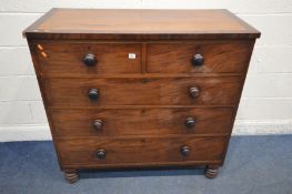 A GEORGIAN MAHOGANY AND CROSSBANDED CHEST OF TWO SHORT OVER THREE LONG DRAWERS, turned handles,
