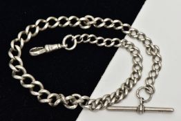 A GRADUATED SILVER ALBERT CHAIN WITH T-BAR, fitted with a lobster hook clasp, and suspending a T-