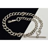 A GRADUATED SILVER ALBERT CHAIN WITH T-BAR, fitted with a lobster hook clasp, and suspending a T-