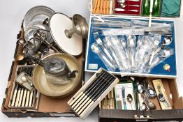 TWO BOXES OF ASSORTED WHITE METAL WARE, to include a quantity of cased butter knives, a white