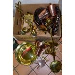 A QUANTITY OF ASSORTED COPPER AND BRASSWARE, to include copper jam pan, measuring funnel, tankard,