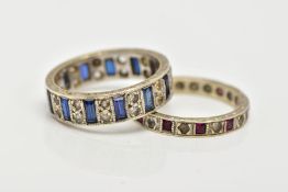 TWO 9CT WHITE GOLD GEM SET FULL ETERNITY RINGS, the first designed with rectangular cut blue