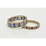 TWO 9CT WHITE GOLD GEM SET FULL ETERNITY RINGS, the first designed with rectangular cut blue