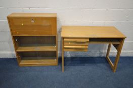 A SLIM LIGHT OAK FALL FRONT BUREAU BOOKCASE, with double glass sliding doors together with a light