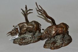 TWO FRANKLIN MINT BRONZES OF 'BLACK RHINOCEROS' (DICEROS BICORNIS) stamped 1976 P. Hand and