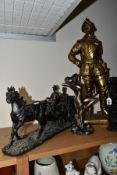 THREE BRONZED FINISH RESIN FIGURES AND A GILT PLASTER FIGURE, comprising a gilt plaster figure of