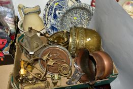 ONE BOX AND LOOSE OF METALWARE AND CERAMICS to include brass and copper jardinieres, copper bed