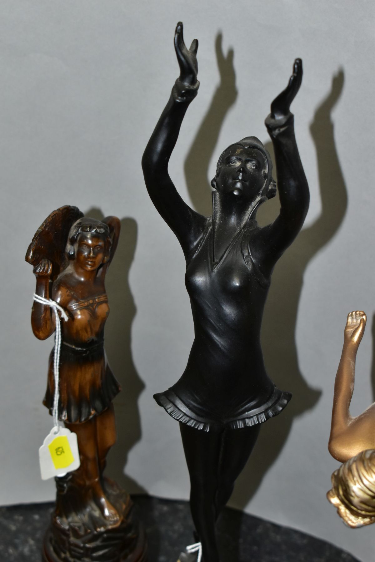 ART DECO STYLE FIGURINES, comprising a bronzed metal scantilly clad female on an onyx plinth, - Image 11 of 11